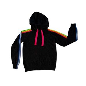 Black Hooded Sweater with Neon Rainbow Stripes Pure Cashmere
